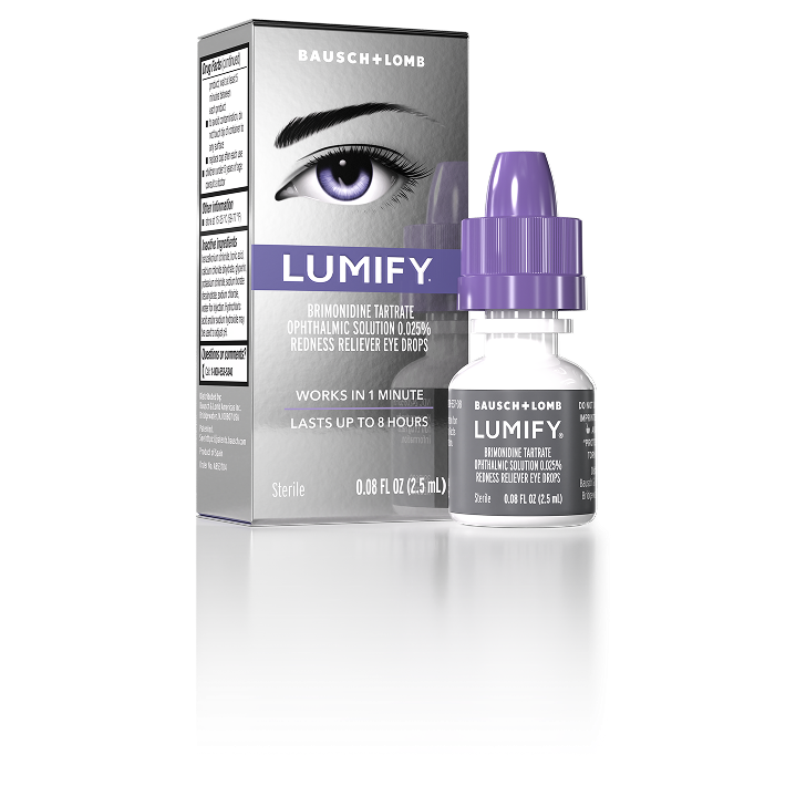 Bottle of Lumify redness reliever eye drops next to its box
